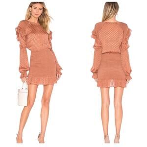 Tularosa Dress Edie Mini Smocked Ruffle Long Sleeve Satin Printed Rust Copper M